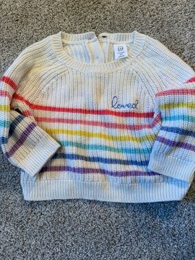GAP Cream Sweater with Rainbow Stripes and "Loved" Embroidery